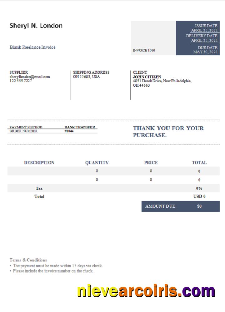 USA Sheryl N. London invoice
